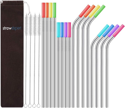 StrawExpert Set of 16 Reusable Stainless Steel Straws with Travel Case Cleaning Brush Silicone Tips Eco Friendly Extra Long Metal Straws Drinking for 20 24 30 oz Tumbler, Silver