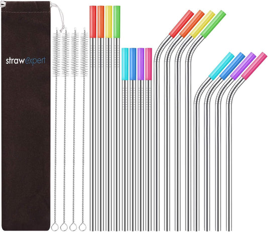 StrawExpert Set of 16 Reusable Stainless Steel Straws with Travel Case Cleaning Brush Silicone Tips Eco Friendly Extra Long Metal Straws Drinking for 20 24 30 oz Tumbler, Silver