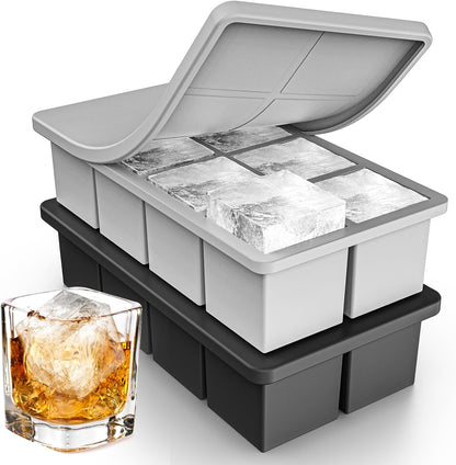 Large Ice Cube Tray 2 Pack, Lxndaser 2 Inch Silicone Ice Cube Molds for Whisky, Cocktail, Big Square Silicone Ice Trays With Lid, Leak-Proof Stackable Design for Freezer, Iced Coffee, Bourbon Drinks