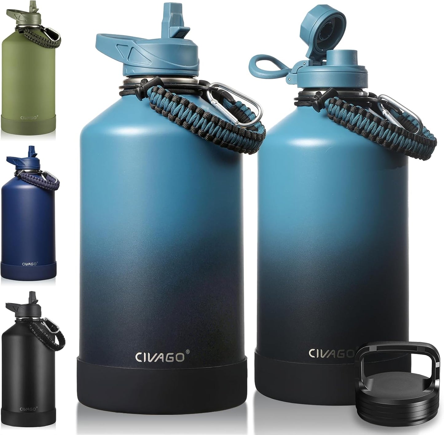 CIVAGO 32 oz Insulated Water Bottle With Straw, Stainless Steel Sports Water Cup Flask with 3 Lids (Straw, Spout and Handle Lid), Wide Mouth Travel Thermal Mug, Black