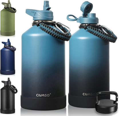 CIVAGO 32 oz Insulated Water Bottle With Straw, Stainless Steel Sports Water Cup Flask with 3 Lids (Straw, Spout and Handle Lid), Wide Mouth Travel Thermal Mug, Black