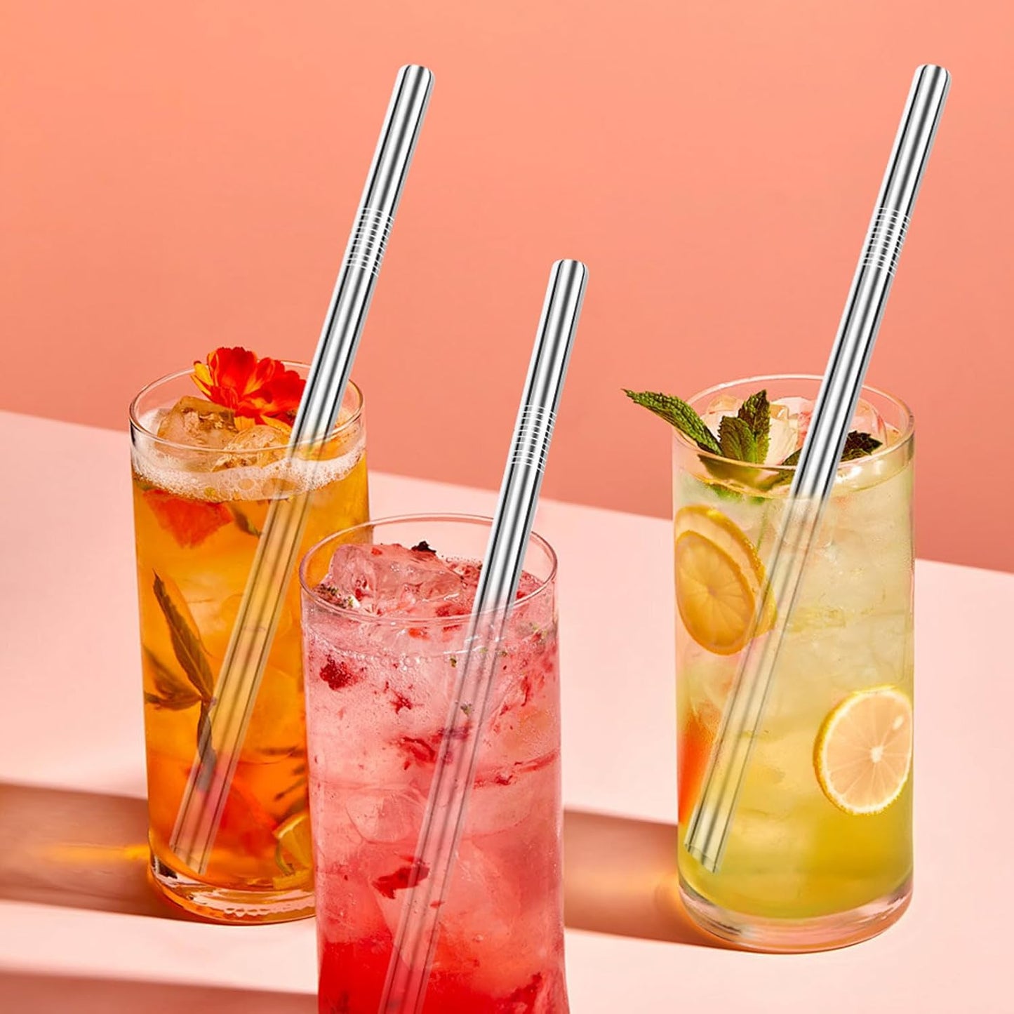 Lazycorner 16 Pcs Metal Straw Reusable 8.5" 10.5" 6mm Stainless Steel Straws for Tumblers 20oz-32oz, Rainbow Drinking Straws with Silicone Tips, 4 Straw Cleaner Brush, 1 Travel Case