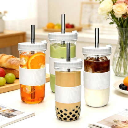Mapoxy 6 Pack 24oz Mason Jar Cups with Lids and Straws, White Boba Cups Set, Glass Drinking Jars for Bubble Tea, Smoothie, Iced Coffee, Complete with Sleeves, Dishwasher Safe Reusable Tumbler