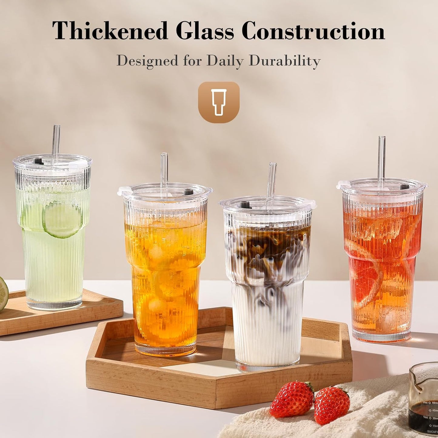 GOSCHE 20oz Ribbed Glass Tumbler with Straw and Lid, Clear Iced Coffee Cups Vintage Glassware, Glass Cups with Lids and Straws for Smoothie Water Tea Juice, Clear, 2 Pack