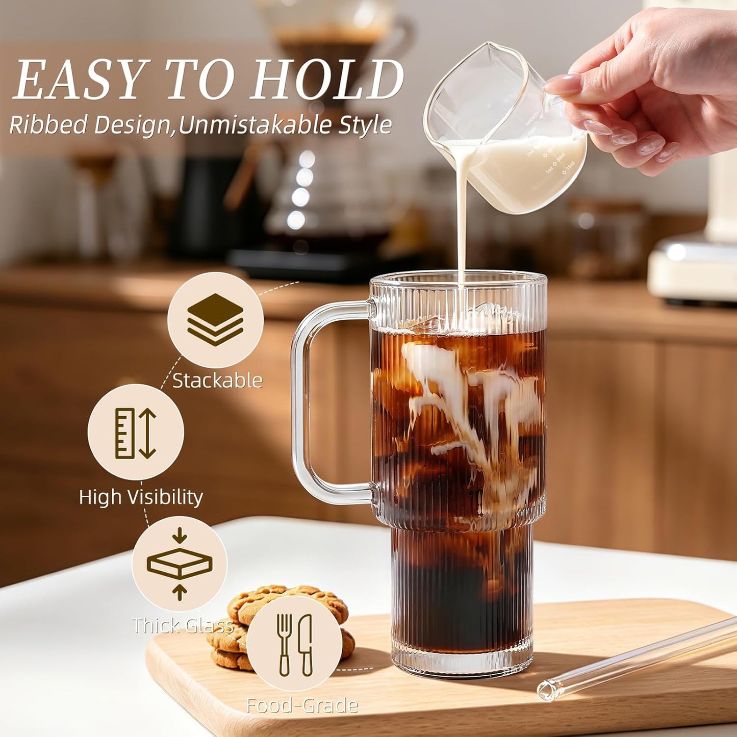 Iced Coffee Cups with Lids: Coffee Bar Accessories - Ribbed Glass Tumbler with Straw and Lid 4Pcs - 20oz Leak Proof Tumbler - Reusable Glass Cups and Tumblers with Lid and Straws for To Go Iced Coffee
