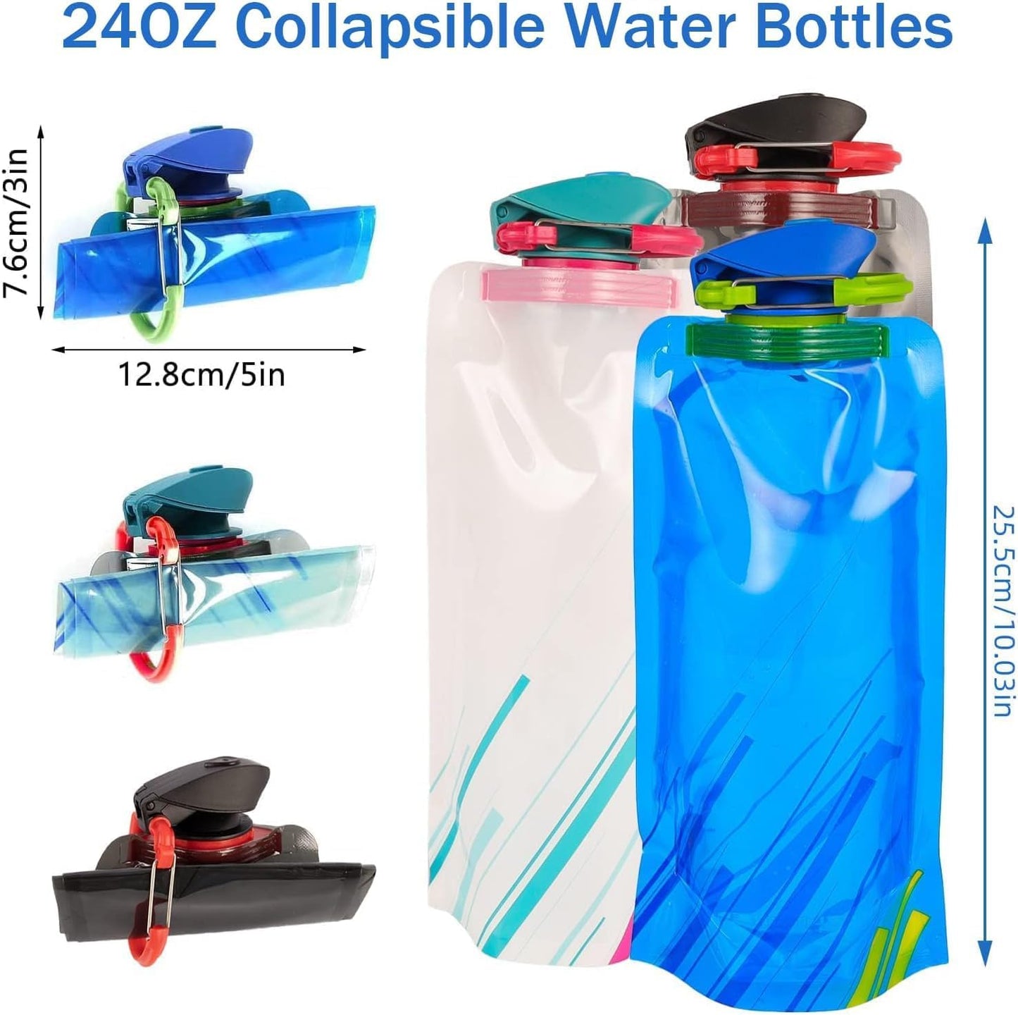 4 Pack Collapsible Water Bottles for Travel – 24oz Foldable Water Bottle with Leakproof Lid, Food-Grade Silicone Portable Reusable BPA-Free Water Bottle for Hiking,Sports,Camping,Biking
