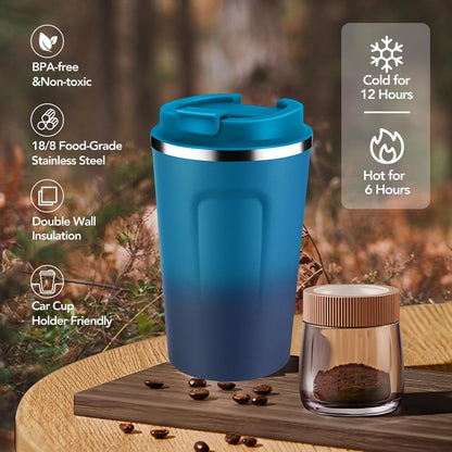 Volhoply 12 oz Double Wall Insulated Vacuum Travel Coffee Mugs with Flip Lid Bulk 2 Pack,Reusable Stainless Steel Leak Proof Coffee Cup,Portable Cafe Thermal Tumbler for Hot & Cold Drinks(Mix,2 Set)