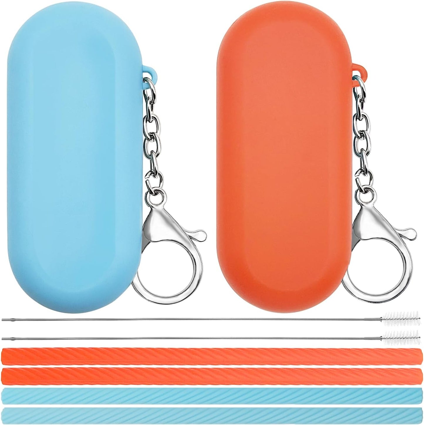 2 Set Silicone Straws with Case, Reusable Travel Straw Cruise Ship Essentials, Foldable Portable Straw + Deep Cleaning Brush + Carry Case with Keychain, for Travel & Party Cold or Hot (Pink & Blue)