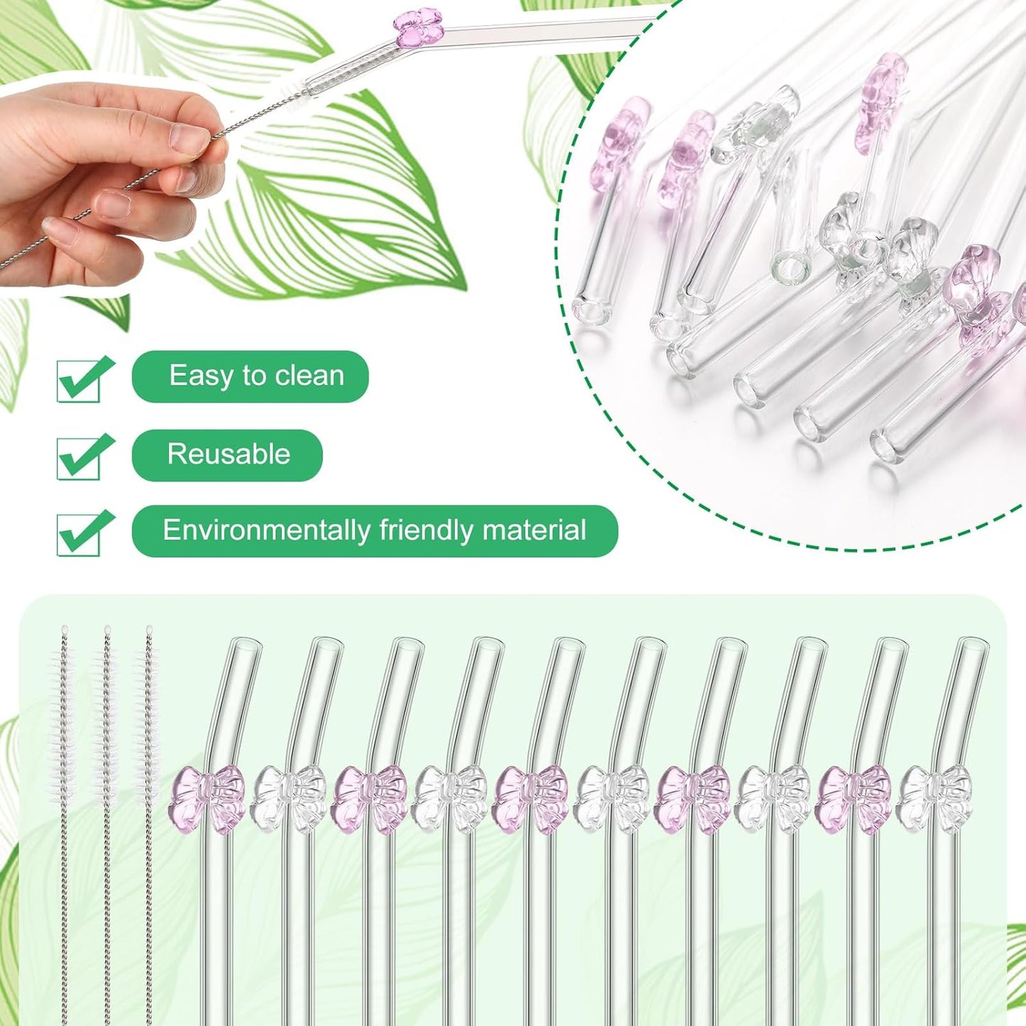 Meanplan 10 Pcs Cute Reusable Glass Straws with Design,8 mm x 7.9'' Shatter Resistant Butterfly Bow Clear Bent Glass Straw with Cleaning Brush for Drink Party Milkshakes Juice (Mixed Color)