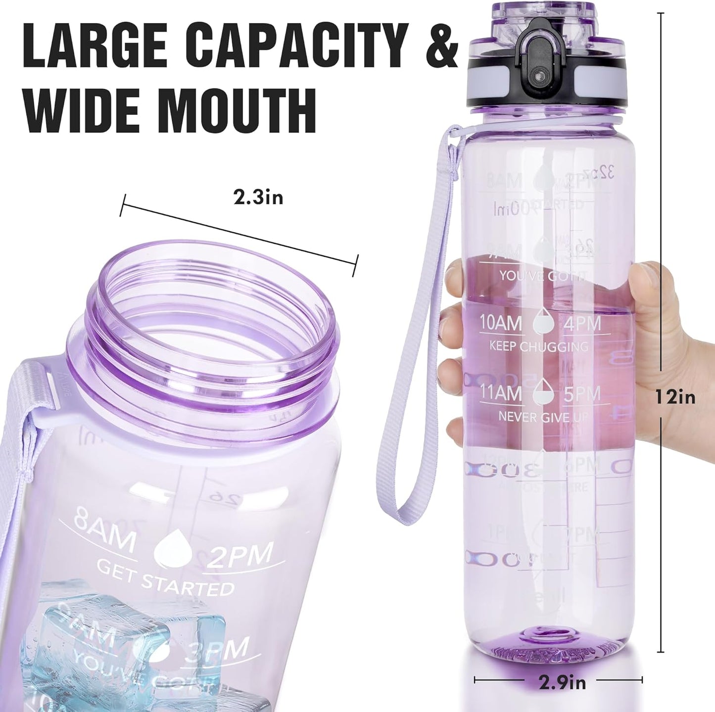 OLDLEY Water Bottle, 32oz Motivational Sports Water Bottle with Time Marker - Times to Drink - Tritan, BPA Free, Wide Mouth Leakproof, Clear (1 Bottle)