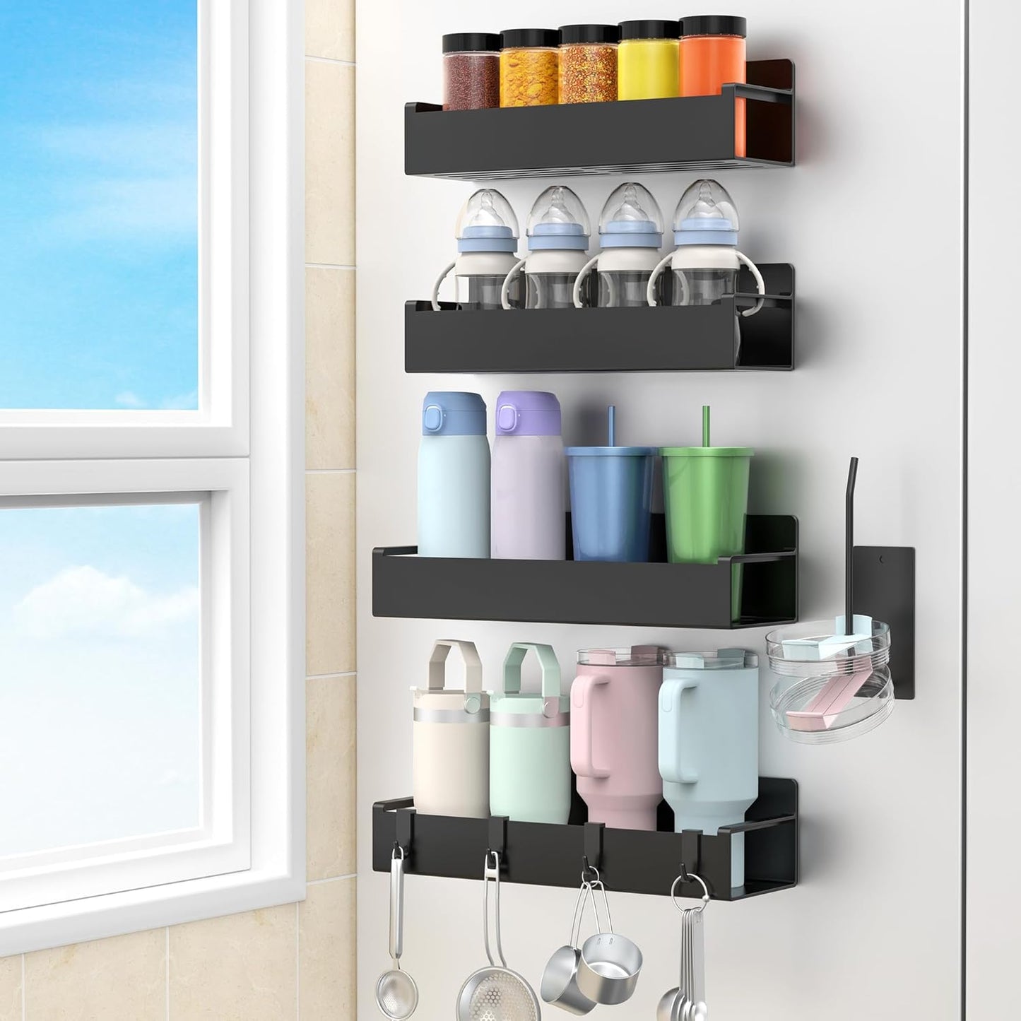 HuggieGems Magnetic Water Bottle Holder for Refrigerator, Cup Holder Organizer for Stanley and Tumbler for Kitchen, 4 Pack, Black