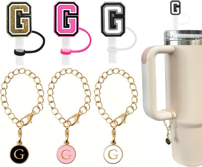 （3 +3) 3PCS Nuozme Straw Cover 10mm For Stanley Tumbler Cup Reusable Straw Cap Topper with 3 Initial Letter Charms Accessories Name ID Personalized Handle Charm For Stanley 30&40 Oz Cup Tumbler - Colors A