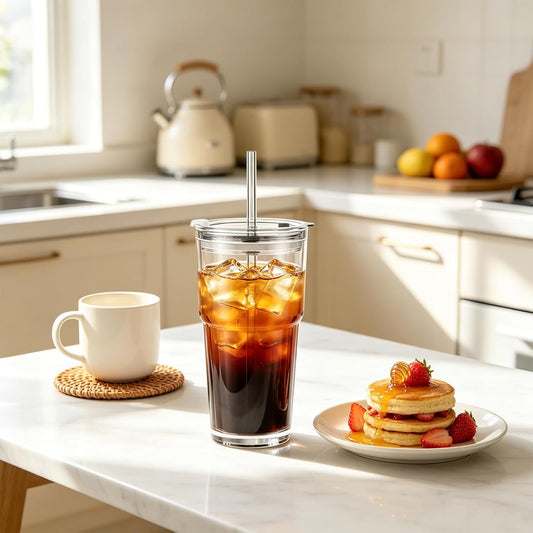 INSETLAN 13oz Portable Glass Tumblers Set of 2, Thick Wall Glass Cups with Lid and Glass Straw, On-the-Go Coffee Cups for Iced Coffee, Tea, Milk, Hot & Cold Drinks, Travel & Daily Use