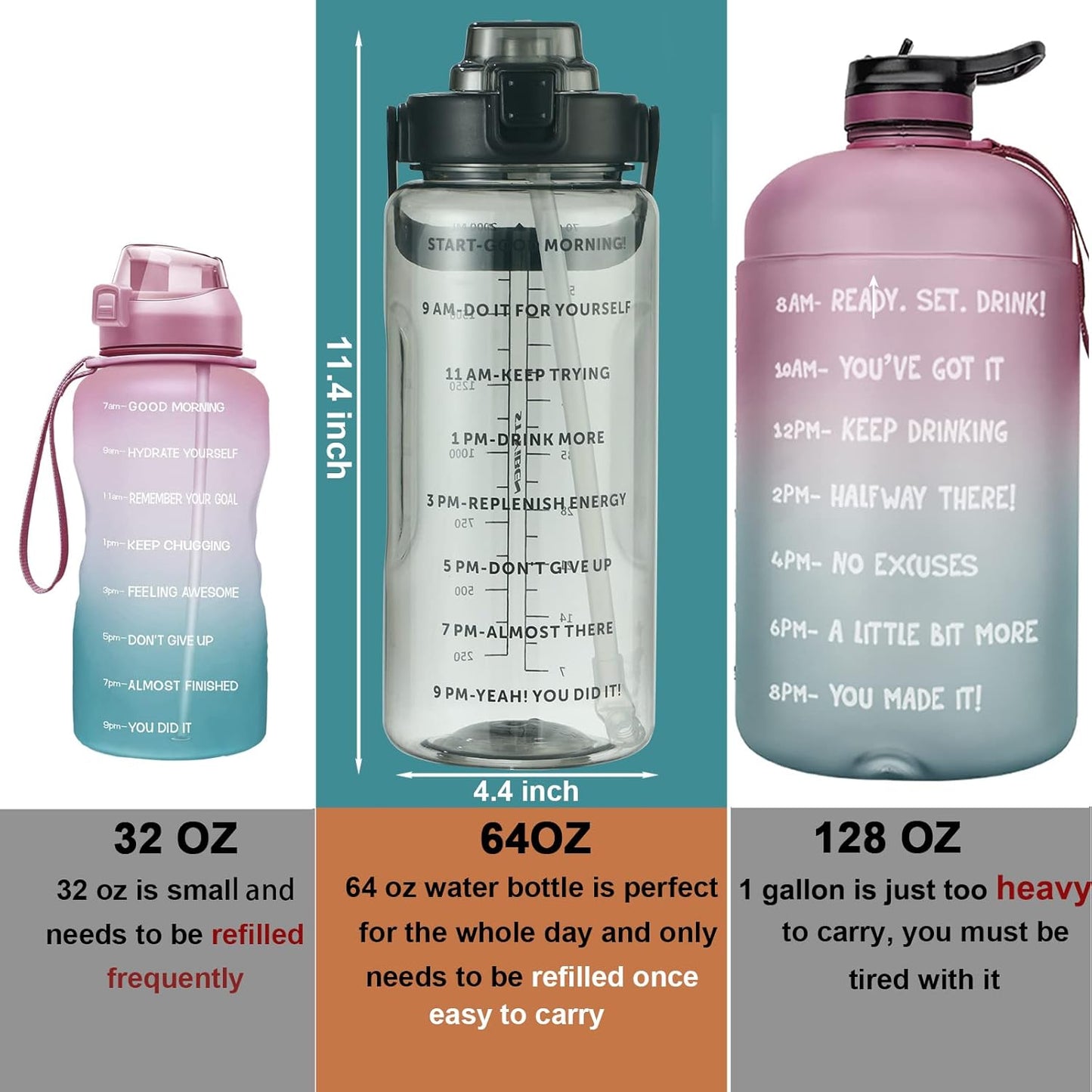 Large Motivational Water Bottle with Straw Time Marker BPA Free for Sport and Fitness (Pink Blue, 64 Oz / Half Gallon)