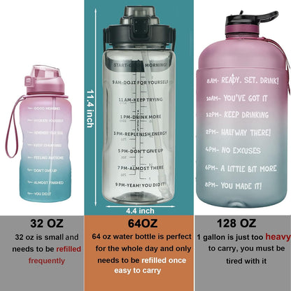 Large Motivational Water Bottle with Straw Time Marker BPA Free for Sport and Fitness (Pink Blue, 64 Oz / Half Gallon)