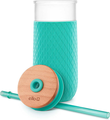 Ello Devon Glass Tumbler , Protective No Sweat Silicone Sleeve and Splash Proof Wooden Detail Lid with Straw, 18 oz