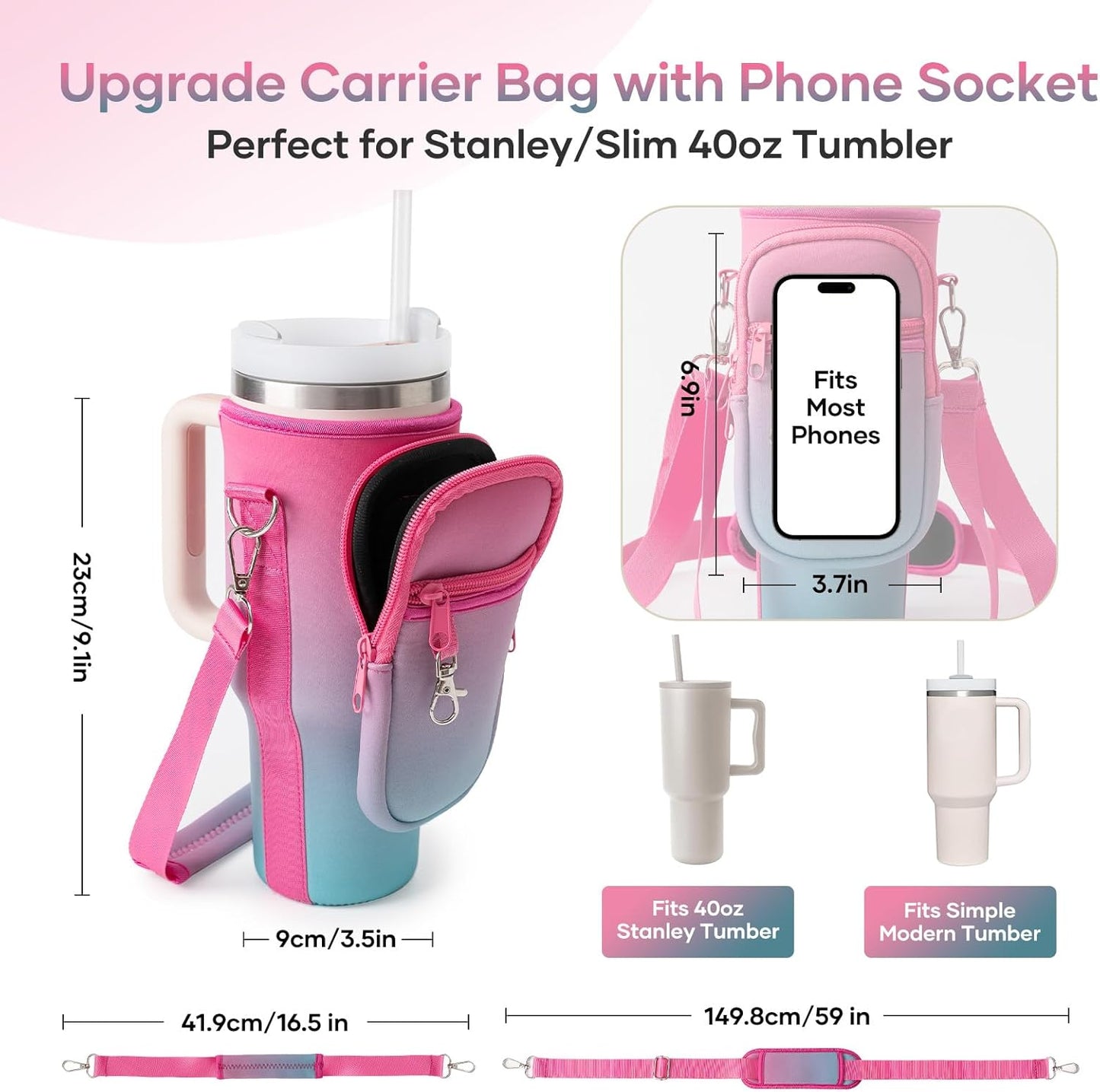 linmaya Water Bottle Carrier Bag for Stanley Cup 40/30oz with Phone Holder Pockets,Neoprene Water Bottle Cross-body Bag with Adjustable Shoulder & Hand Strap Stanley Cup Accessories