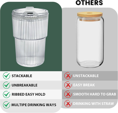 HIGIINC Iced Coffee Cups With Lids and Straws 4 Pcs, 16 OZ Unbreakable Glasses Drinking Set,Clear Plastic Cups Reusable Iced Coffee Tumbler with Lid and Straw, To Go Coffee Cups Dishwasher Safe