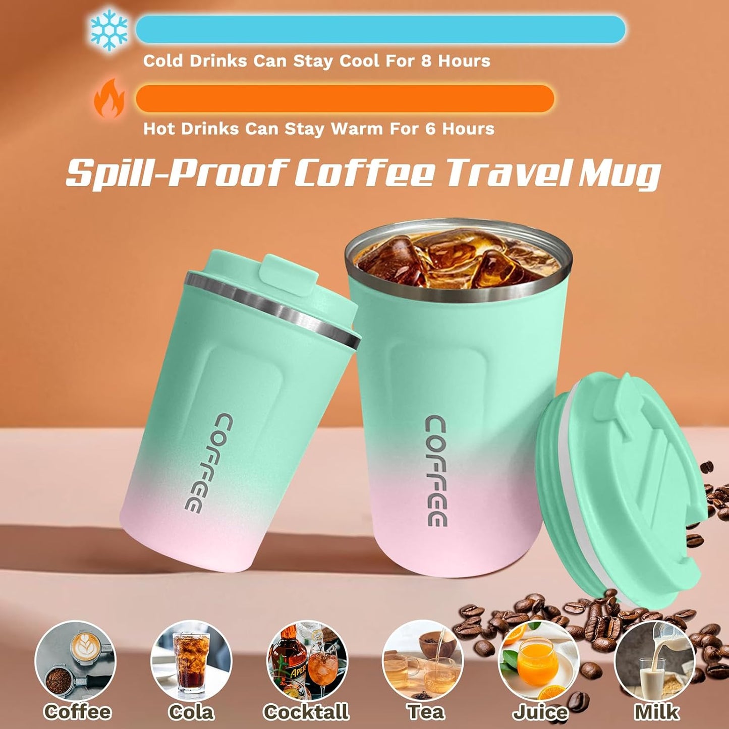 SPLMIFA Travel Coffee Mug Leak-Proof, Reusable Coffee Cups with Lids, Stainless Steel Vacuum Insulated Coffee Tumblers, Thermal Insulation Cup for Men and Women Hot & Cold Drinks(2nd-Green Pink, 12OZ)