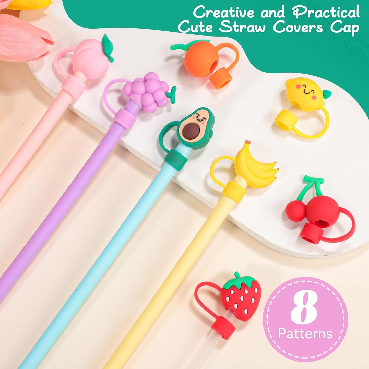 8 Pcs Animal Straw Cover Cap, Silicone Straw Topper for Stanley 30&40 Oz Tumbler Cute Straws Cap in Various Shapes, Straws Covers for 0.4 Inch/10 mm Tips Gifts for Women Girls Teens