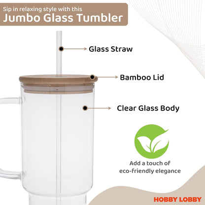 Hobby Lobby Jumbo Clear Glass Tumbler With Straw And Lid 40 Oz - With Handle, Bamboo Lid - for All-Day Hydration - Ideal Iced Coffee Tumbler Glass for Home, Office or Travel
