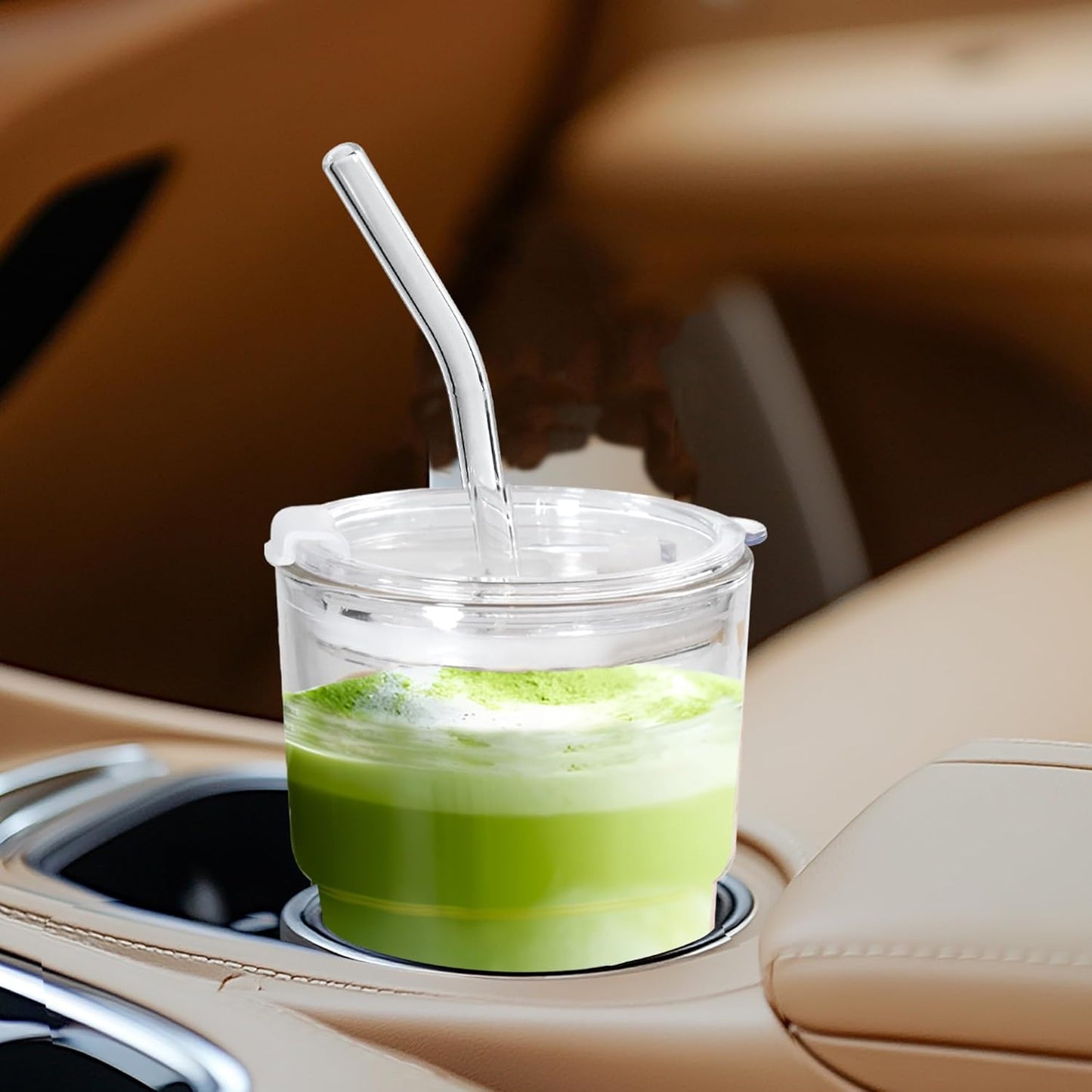 15 oz Matcha Cup Set of 2, Iced Coffee Tumbler Water Glass with Straw and Lid, Clear Thick Wall Matcha Iced Coffee Glass To Go for Smoothie Tea Soda Juice