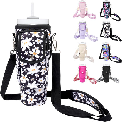 Water Bottle Holder with Strap for Stanley Cup 40/30oz, Insulated Neoprene Stanley Cup Holder with Strap for Tumbler with Handle Stanley Carrier Bag Cross-body Bag for Walking