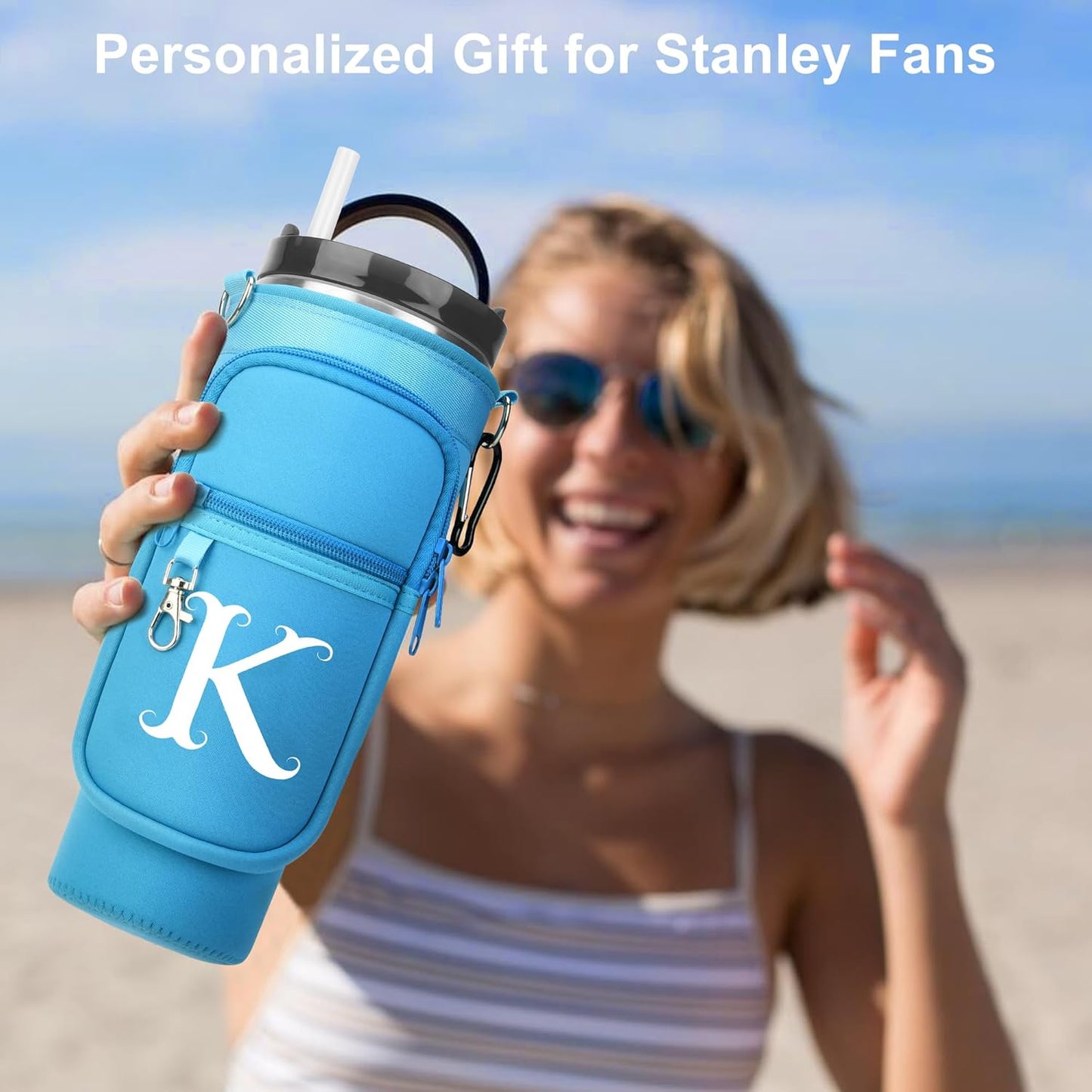 LOKASS Personalized Water Bottle Holder with Strap for Stanley Cup Accessories 40 oz, Initial for Stanley Cup Holder Carrier Bag with Phone Pocket, Stylish Tumbler Accessories for Daily Use Hands-Free
