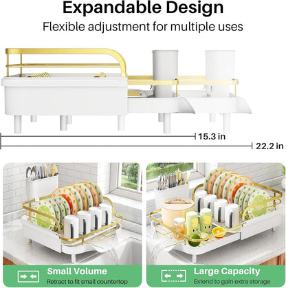 SAYZH Dish Drying Rack - Expandable Dish Rack for Kitchen Counter, Rust-Resistant Dish Drainer with Utensil Holder and Raised Guardrail, Kitchen Organizer for Cup and Bottle (Black)