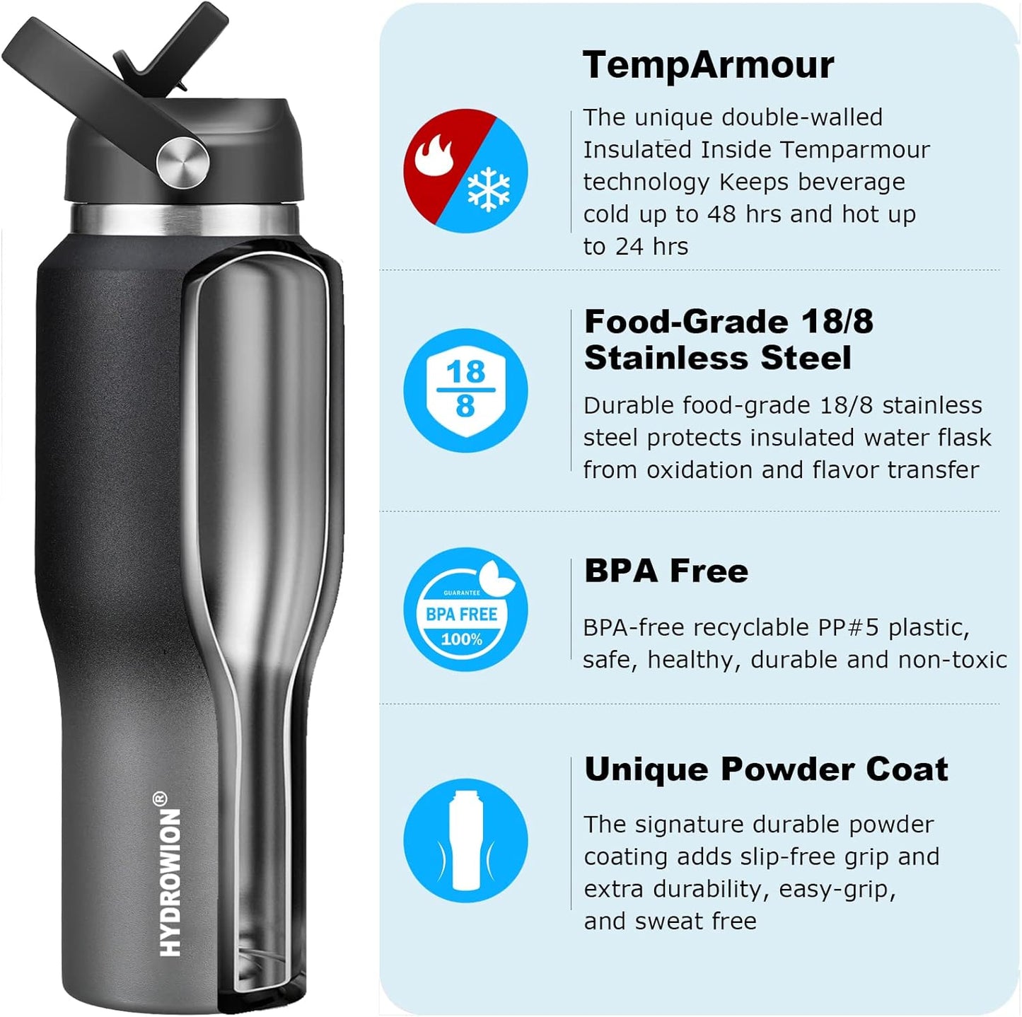 HYDROWION 32oz Stainless Steel Water Bottle(Cold for 48 Hrs, Hot for 24 Hrs),Double Wall Vacuum Insulated Water Bottle with Straw Lid, Spout Lid and Flex Cap, Fit in Any Car Cup Holder,Black