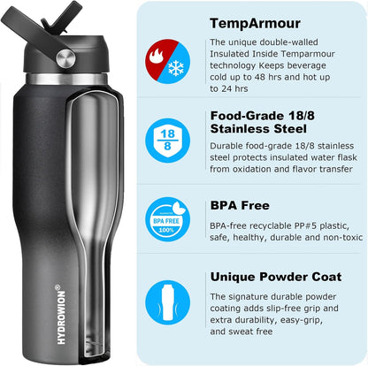 HYDROWION 32oz Stainless Steel Water Bottle(Cold for 48 Hrs, Hot for 24 Hrs),Double Wall Vacuum Insulated Water Bottle with Straw Lid, Spout Lid and Flex Cap, Fit in Any Car Cup Holder,Black