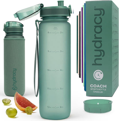 Hydracy Water Bottle with Time Marker -Large BPA Free Water Bottle & No Sweat Sleeve -Leak Proof Gym Bottle with Times to Drink - Ideal for Fitness Sports & Outdoors