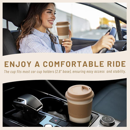 Nucookery Ceramic Travel Coffee Mug Set, Coffee Tumbler with Silicone Lid and Non-Slip Sleeve, Unique To Go Mug, Gifts for Women & Men, Microwave Safe Cappuccino, Tea, Latte, Iced-Coffee Cups, White
