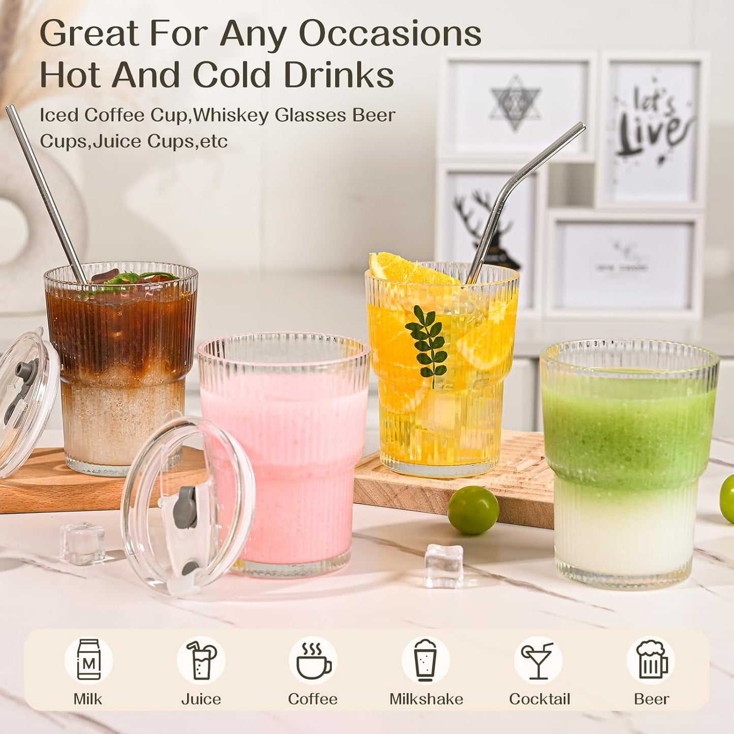 13oz Iced Coffee Cups,2Pcs Glass Cups with Lids and Straws Drinking Glasses,Clear Ribbed Glassware,Reusable Tumbler Glass to Go Cup for Matcha, Iced Tea,Juice