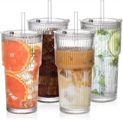 20oz Ribbed Glass Cups with Lids and Straws,1PCS Glass Tumbler with Straw and Lid,Iced Coffee Cups Drinking Glasses for Juice Whiskey Cocktail Beer