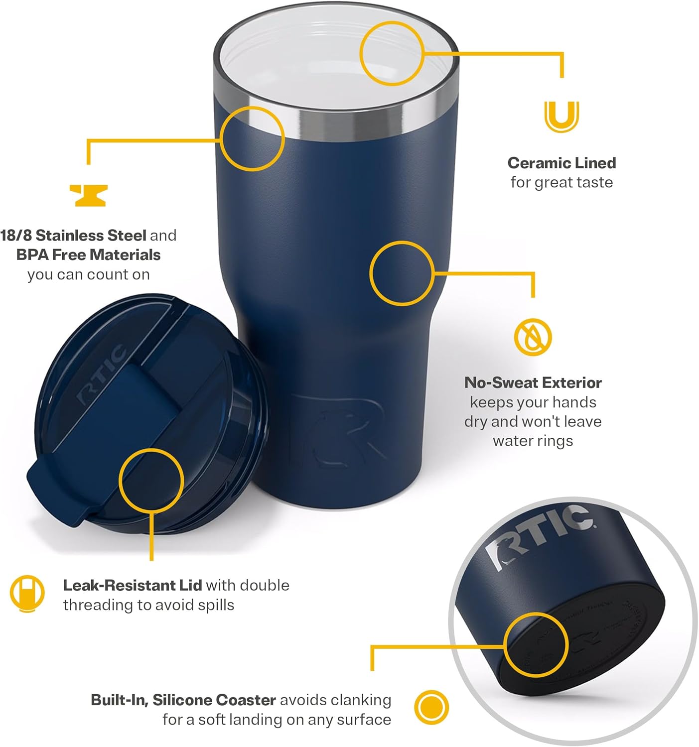 RTIC 20oz Essential Tumbler with Lid, Ceramic Lined, Insulated, Stainless Steel, Metal, Double Wall Vacuum-Insulation, Travel Cup for Iced Coffee, Tea, Hot and Cold Drink, Graphite