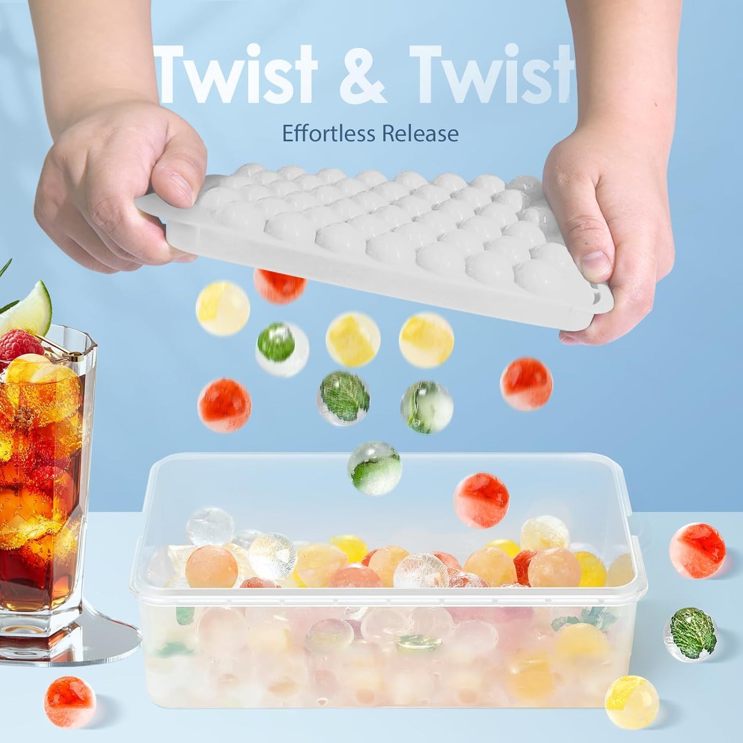 WIBIMEN Ice Cube Tray with Lid and Bin - Round Ice Trays for Freezer with Lid - Ice Cube Trays for Freezer with Ice Container (1"-2PACK Blue)