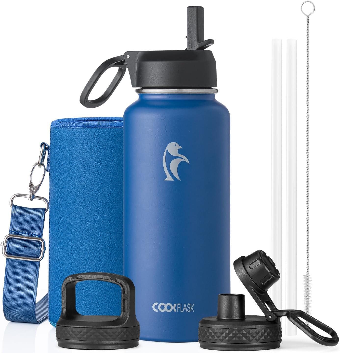 Half Gallon Water Bottle Insulated with Straw & 3 Lids, Coolflask 64 oz Water Jug Large Metal Stainless Steel Wide Mouth for Sports, Gym or Office, Non-BPA Keep Cold 48H Hot 24H, Samurai Cyan