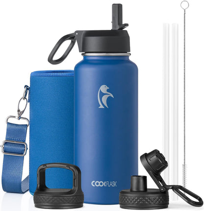 Half Gallon Water Bottle Insulated with Straw & 3 Lids, Coolflask 64 oz Water Jug Large Metal Stainless Steel Wide Mouth for Sports, Gym or Office, Non-BPA Keep Cold 48H Hot 24H, Samurai Cyan