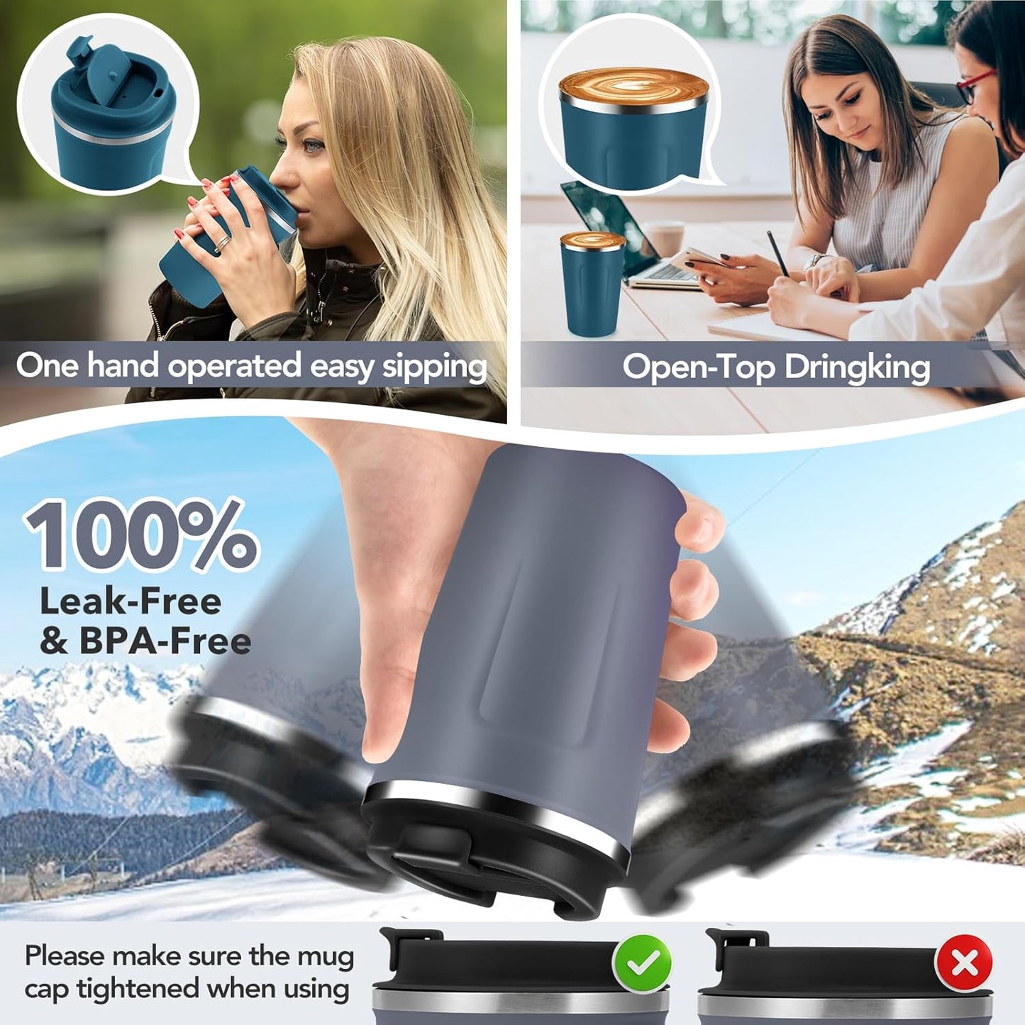 Volhoply 12 oz Double Wall Insulated Vacuum Travel Coffee Mugs with Flip Lid Bulk 2 Pack,Reusable Stainless Steel Leak Proof Coffee Cup,Portable Cafe Thermal Tumbler for Hot & Cold Drinks(Mix,2 Set)