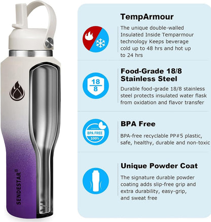 SENDESTAR 40oz Water Bottle Wide Mouth Stainless Steel Vacuum Insulated Double Wall with Straw Lids Fit in Any Car Cup Holder