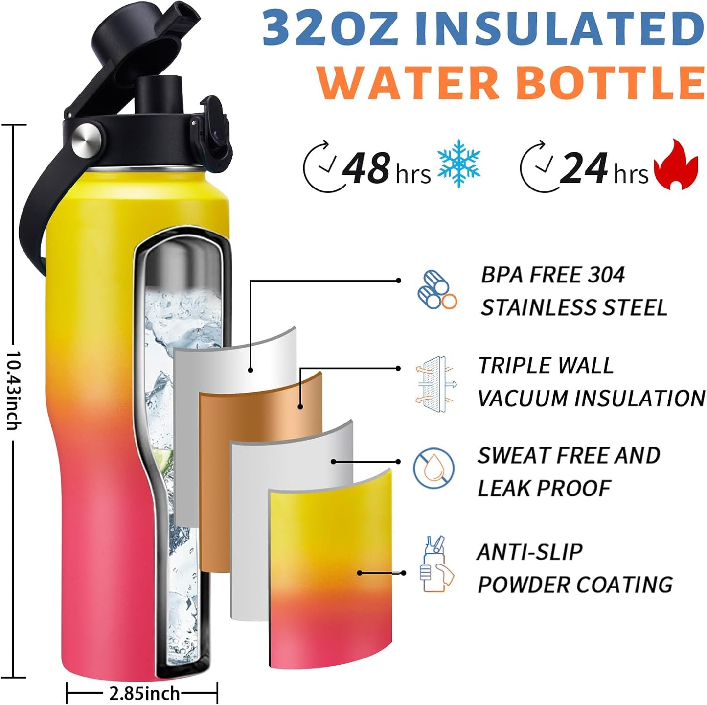 Insulated Water Bottle 40 oz - Fits in any Car Cup Holder, Keep Cold 48H Hot 24H, Stainless Steel Waterbottle Double Wall Flask with Straw, Pop-up Spout Lid, Paracord Handle, Carrier Bag