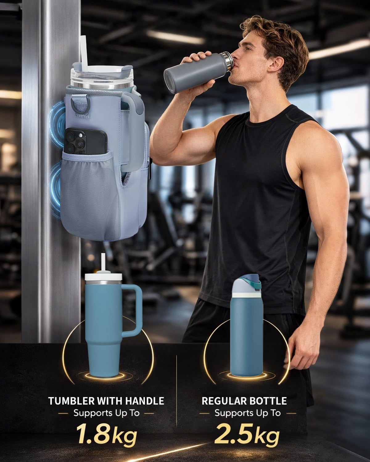 sportsnew Magnetic Gym Bag for Women Men, Crossbody Insulated Cup Sleeve Water Bottle Carrier Holder with Strap for 40oz Tumbler with Handle, 4 Built-in Magnets Small Gym Bag for Workout, Walking