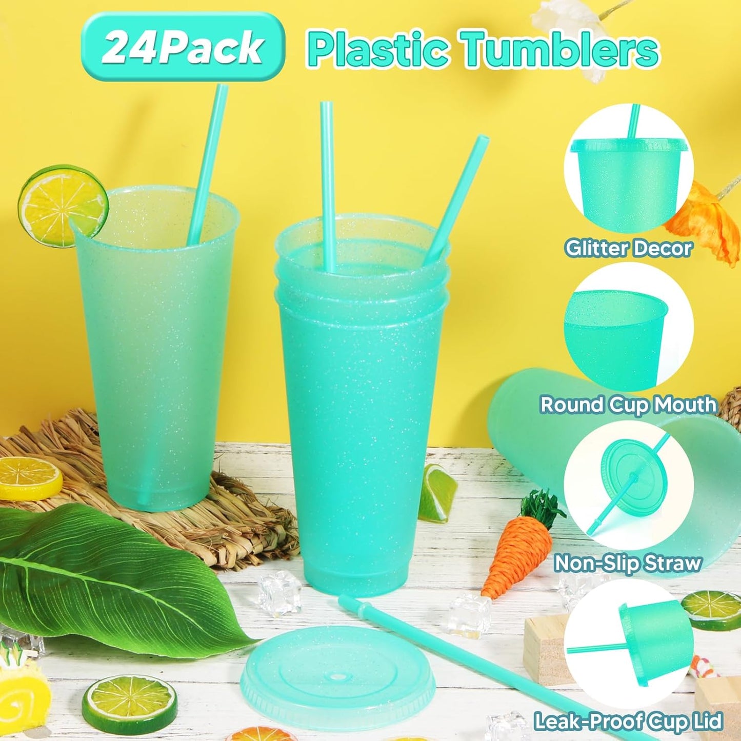 24 Pack Plastic Tumblers with Lids and Straw, Reusable Cups with Lids and Straws Colorful Cups for Cold Drink Iced Coffee, Plastic Tumbler Bulk for Party Birthday Gifts (24 oz, Stylish Colors)
