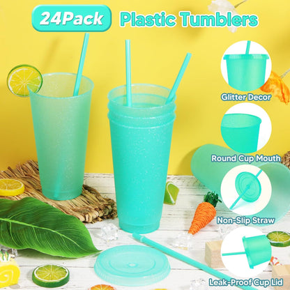 24 Pack Plastic Tumblers with Lids and Straw, Reusable Cups with Lids and Straws Colorful Cups for Cold Drink Iced Coffee, Plastic Tumbler Bulk for Party Birthday Gifts (24 oz, Stylish Colors)