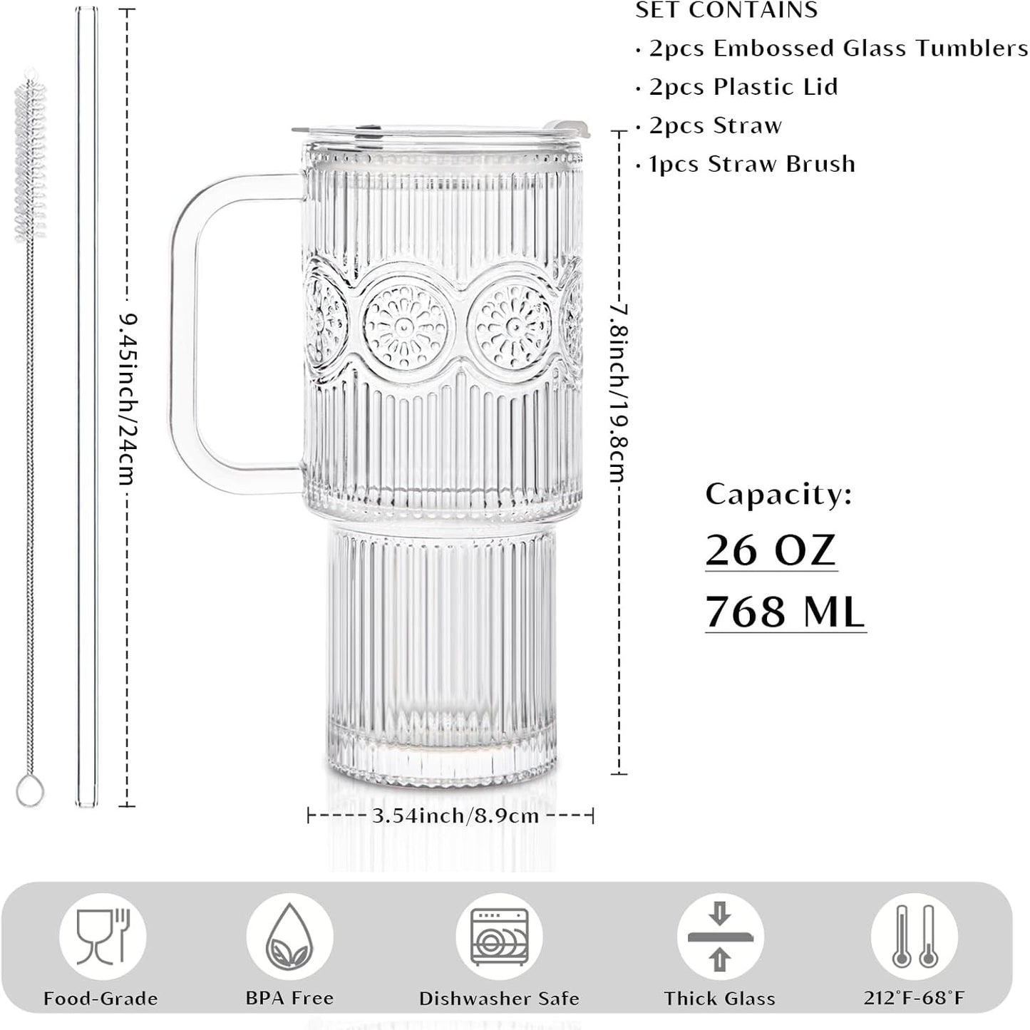 INSETLAN 24oz Ribbed Glass Tumbler with Handle & Lid – 2-Pack Large Iced Coffee Cups with Straws, Modern Glass Mug for Cold & Hot Beverages, Aesthetic Travel Cup for Smoothies, Tea, and Juice
