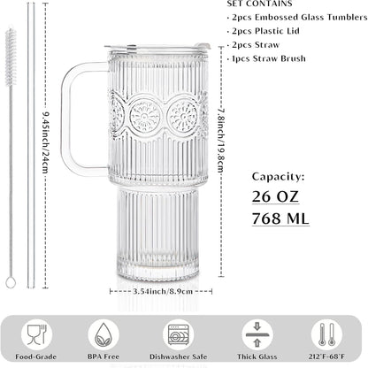 INSETLAN 24oz Ribbed Glass Tumbler with Handle & Lid – 2-Pack Large Iced Coffee Cups with Straws, Modern Glass Mug for Cold & Hot Beverages, Aesthetic Travel Cup for Smoothies, Tea, and Juice