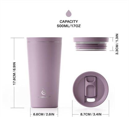 Ideus 17 oz Travel Coffee Mug, Double Wall Vacuum Stainless Steel Insulated Coffee Tumbler With Lid, Splash-Proof & Cup Holder Friendly, Keeps Drinks Hot/Cold, Dishwasher Safe, Purple