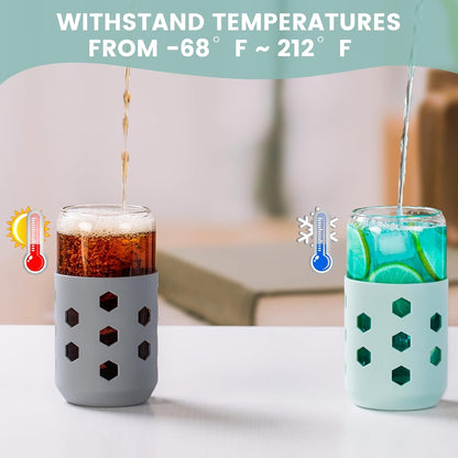 Mrsdry Glass Cups with Lids and Straws (4 Pcs), 16oz Drinking Glasses Set with Silicone Sleeves for Coffee Bar Accessories Iced Coffee Cups with Lids, Glass Tumbler Reusable for Gifts