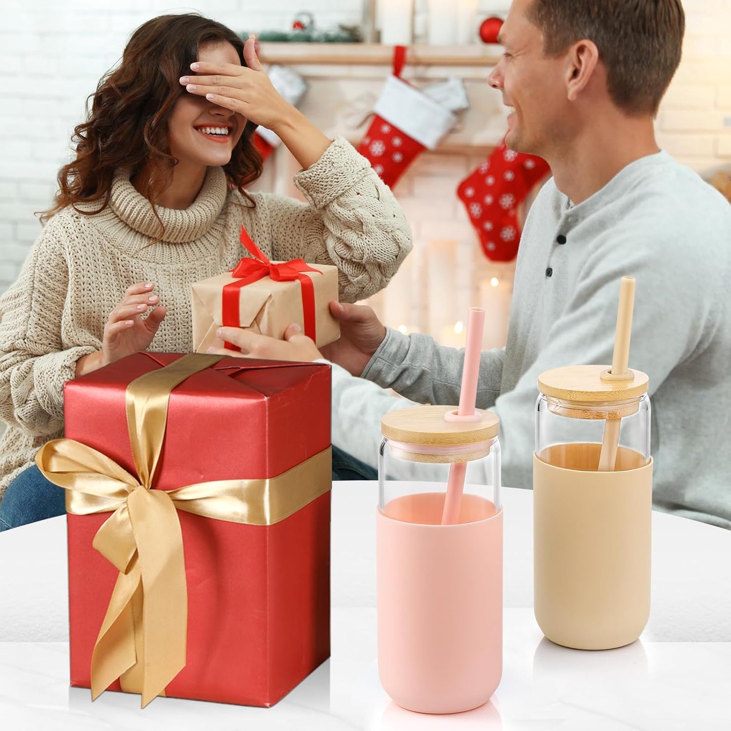 20oz Glass Water Tumbler with Silicone Protective Sleeve - Beer Shaped Glass Cups with Straw and Bamboo Lid, Iced Coffee Glasses, Cute Drinking Glasses for Water, Smoothie, Gift - Cambridge Blue
